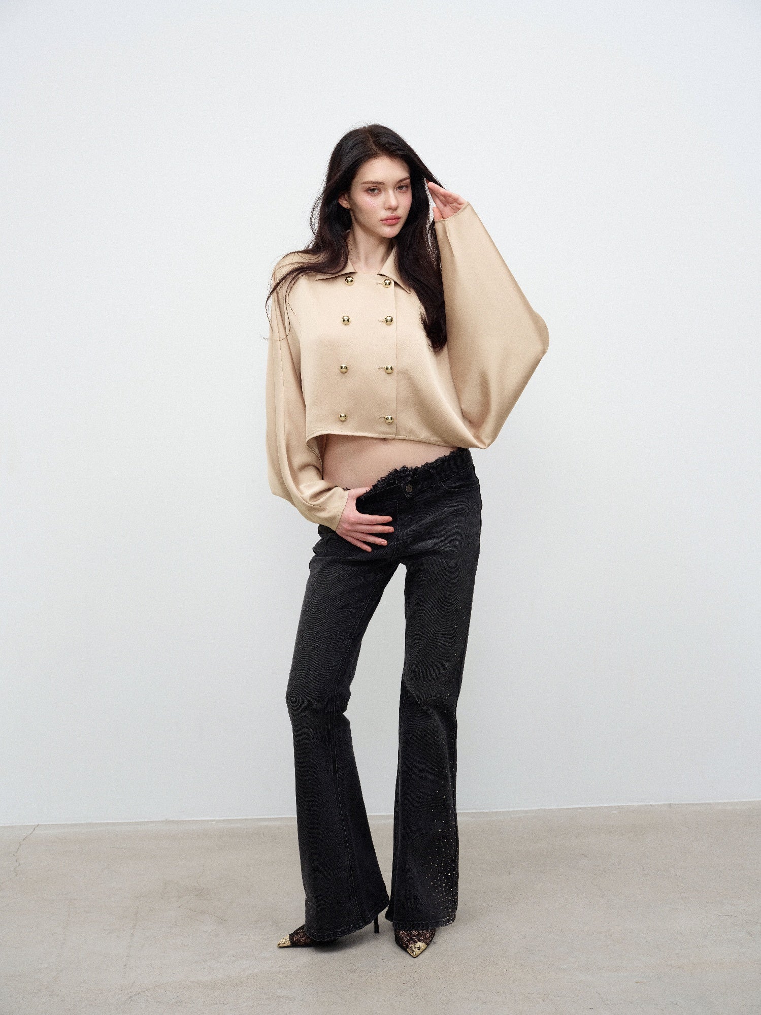 NONCESTNON N377 Champagne Satin Batwing Sleeve Top