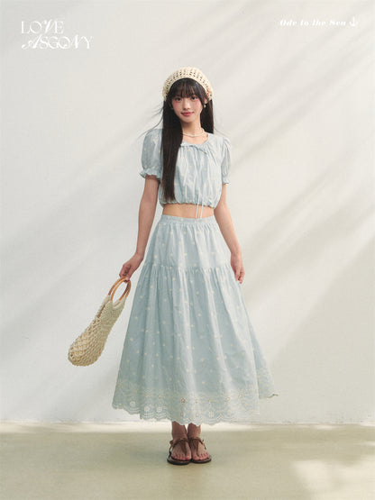AsGony ASG25193&amp;ASG25194&amp;ASG25195 Flower embroidery lace up bubble sleeve top+vest+skirt