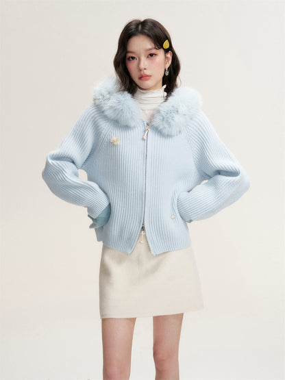 16DEWS 16D25465 Woolen collar hooded knitted jacket