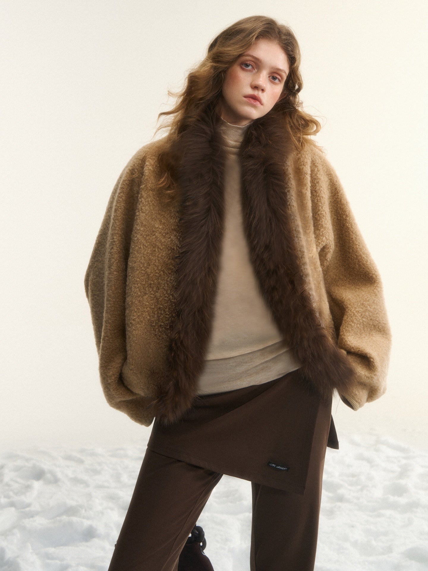 AsGony ASG25539 Wool collar cocoon shaped cardigan shawl jacket