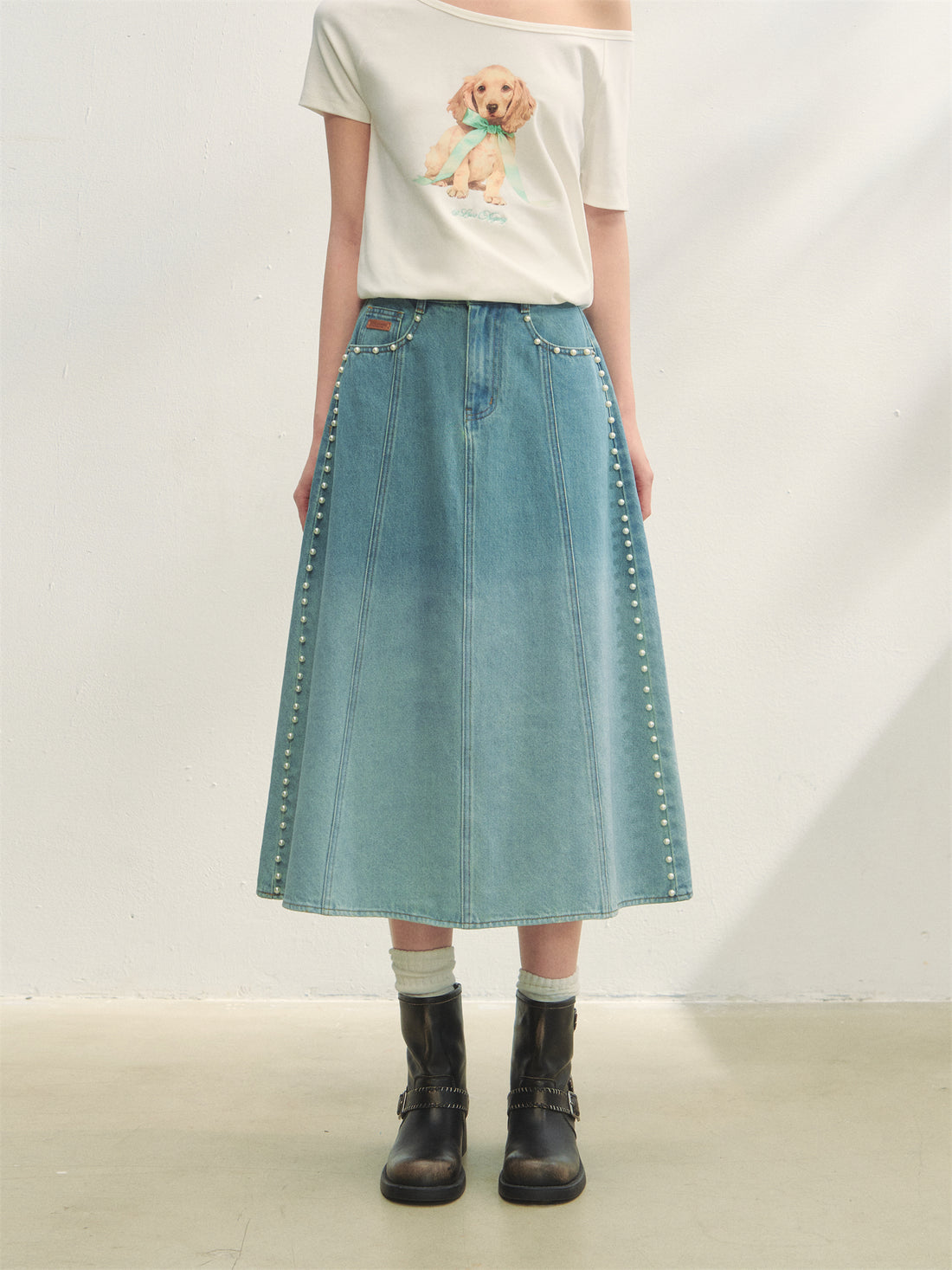 AsGony ASG25276 Pearl decoration gradient denim skirt
