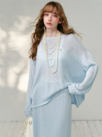 16DEWS 16D26086&amp;16D26087 Lyocell loose fitting pullover knitted sweater + skirt