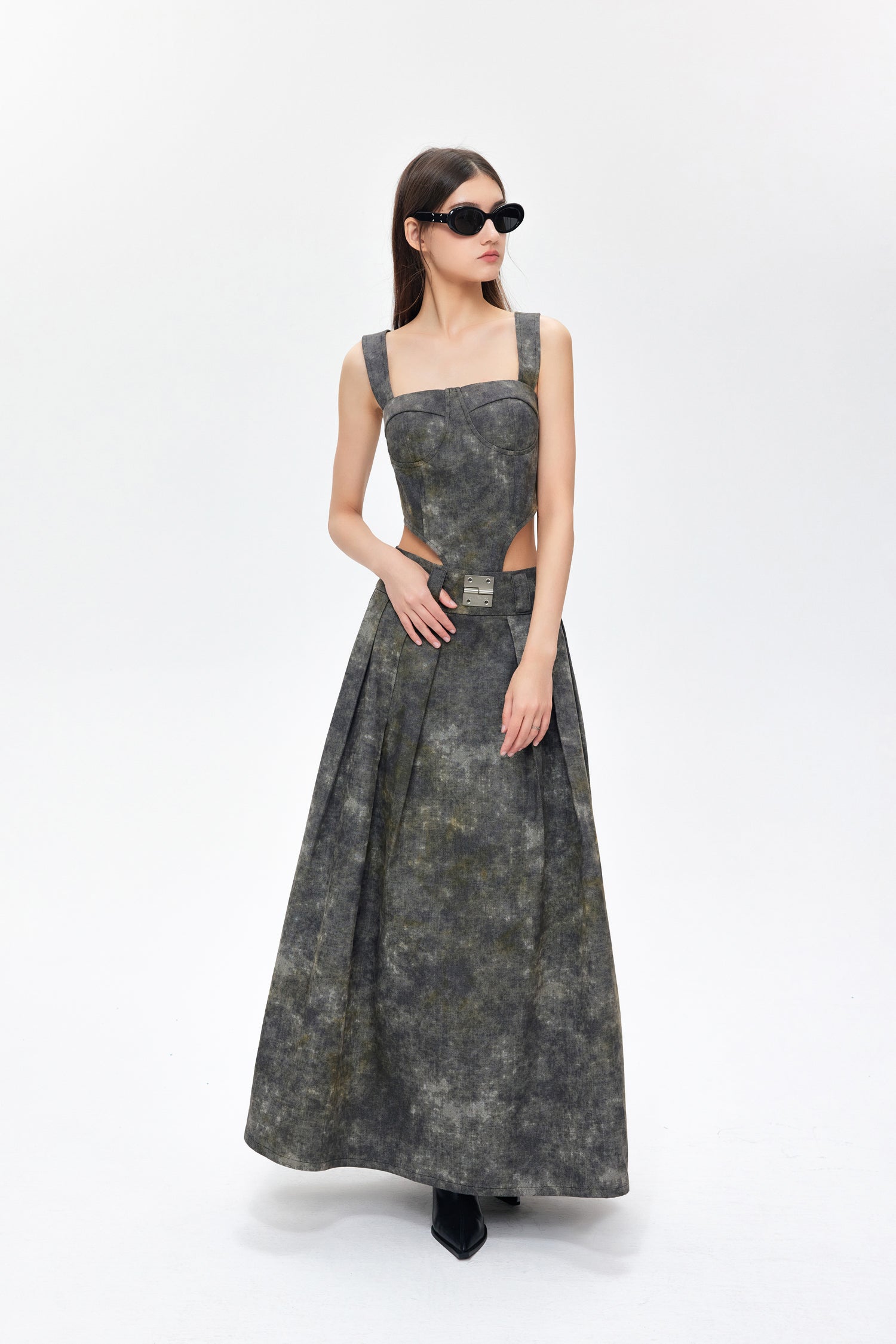 YJ1NGZYZJ  DENIM ACID-WASH LONG SKIRT IN GRAY