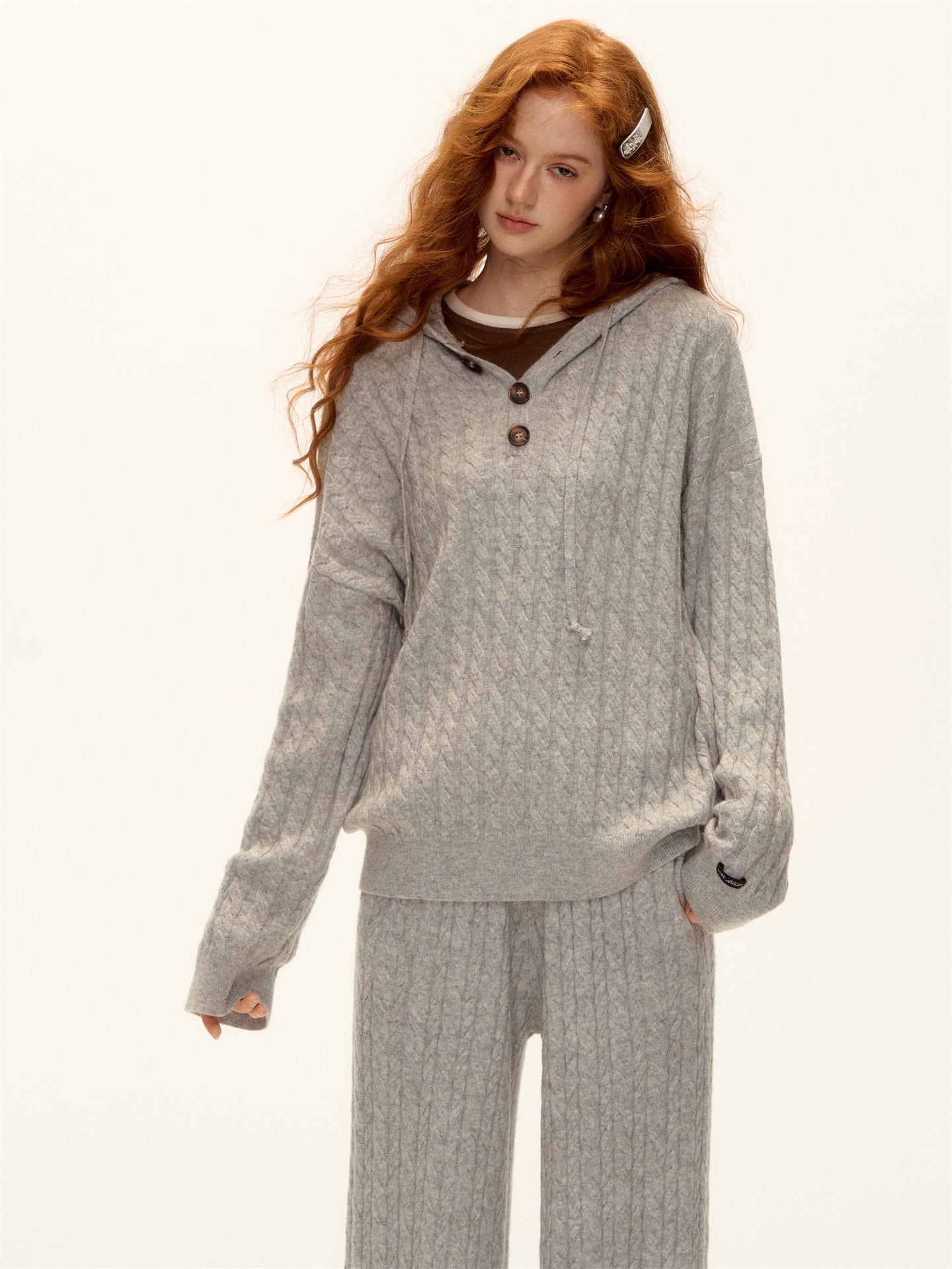 AsGony ASG25490&amp;ASG25521 Wool pullover hooded button twisted knit sweater + pants