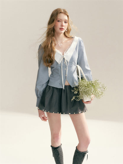 16DEWS 16D26020 Lace edged V-neck plaid patchwork waist cinching shirt