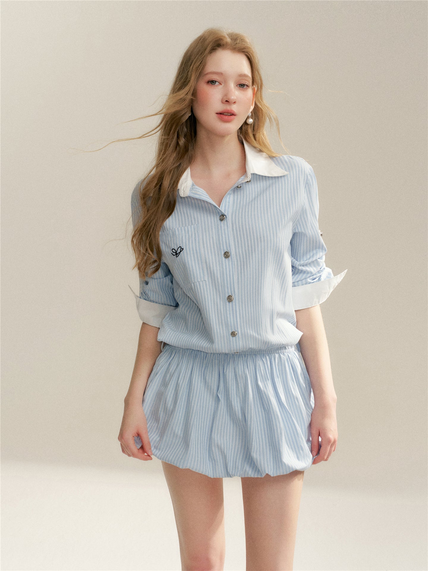 16DEWS 16D26047 Splicing striped shirt flower bud dress