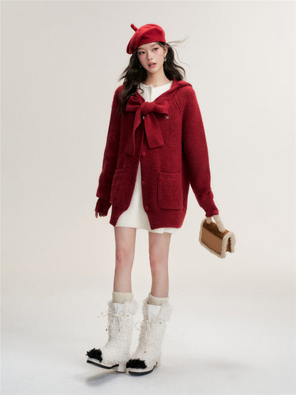 16DEWS 16D25473 Bow tie V-neck loose knit cardigan (with knit cap)