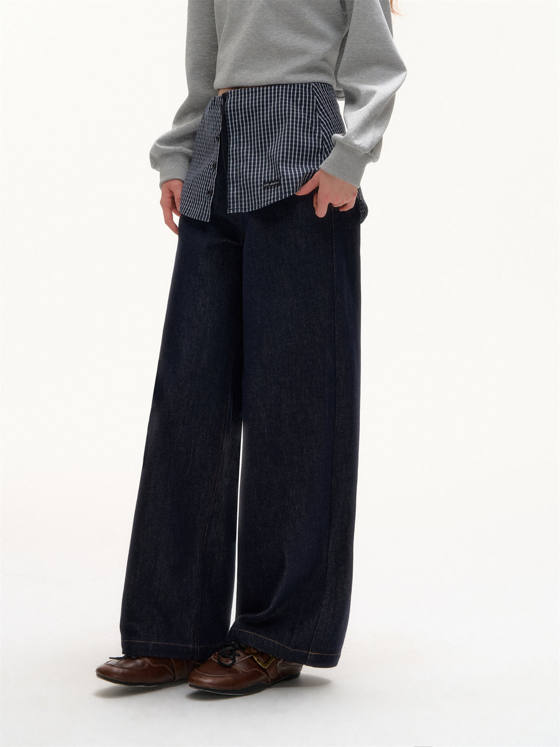AsGony ASG25423 Checkered splicing fake two-piece straight leg jeans