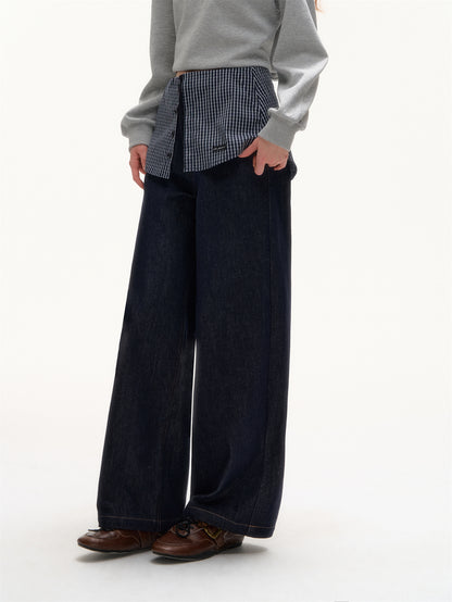 AsGony ASG25423 Checkered splicing fake two-piece straight leg jeans