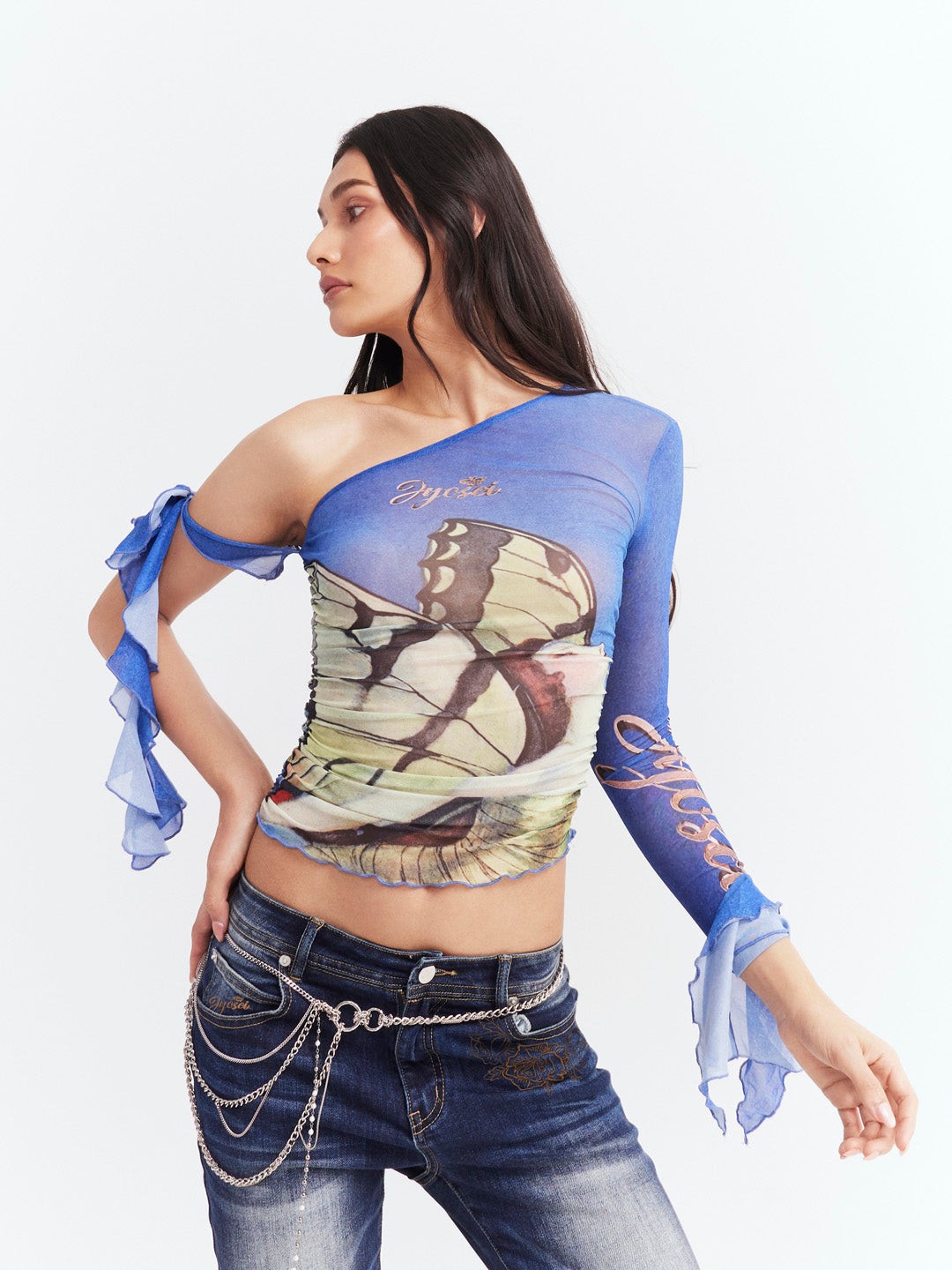 JYOSEI Blue one shoulder printed top