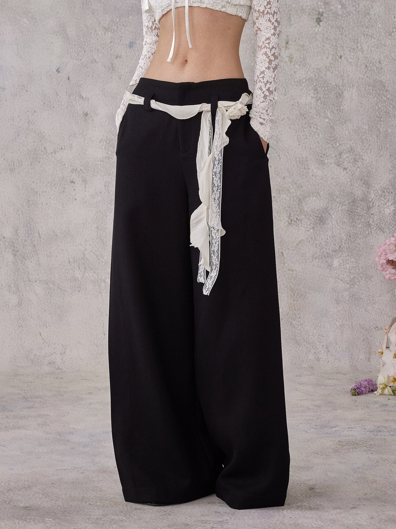 NOMEANSNO N172&amp;N185 Lace up pants +Lace flower belt set (2color)