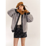 AsGony ASG24563 eco-friendly fur jacket + ASG24564 embroidered plaid skirt set