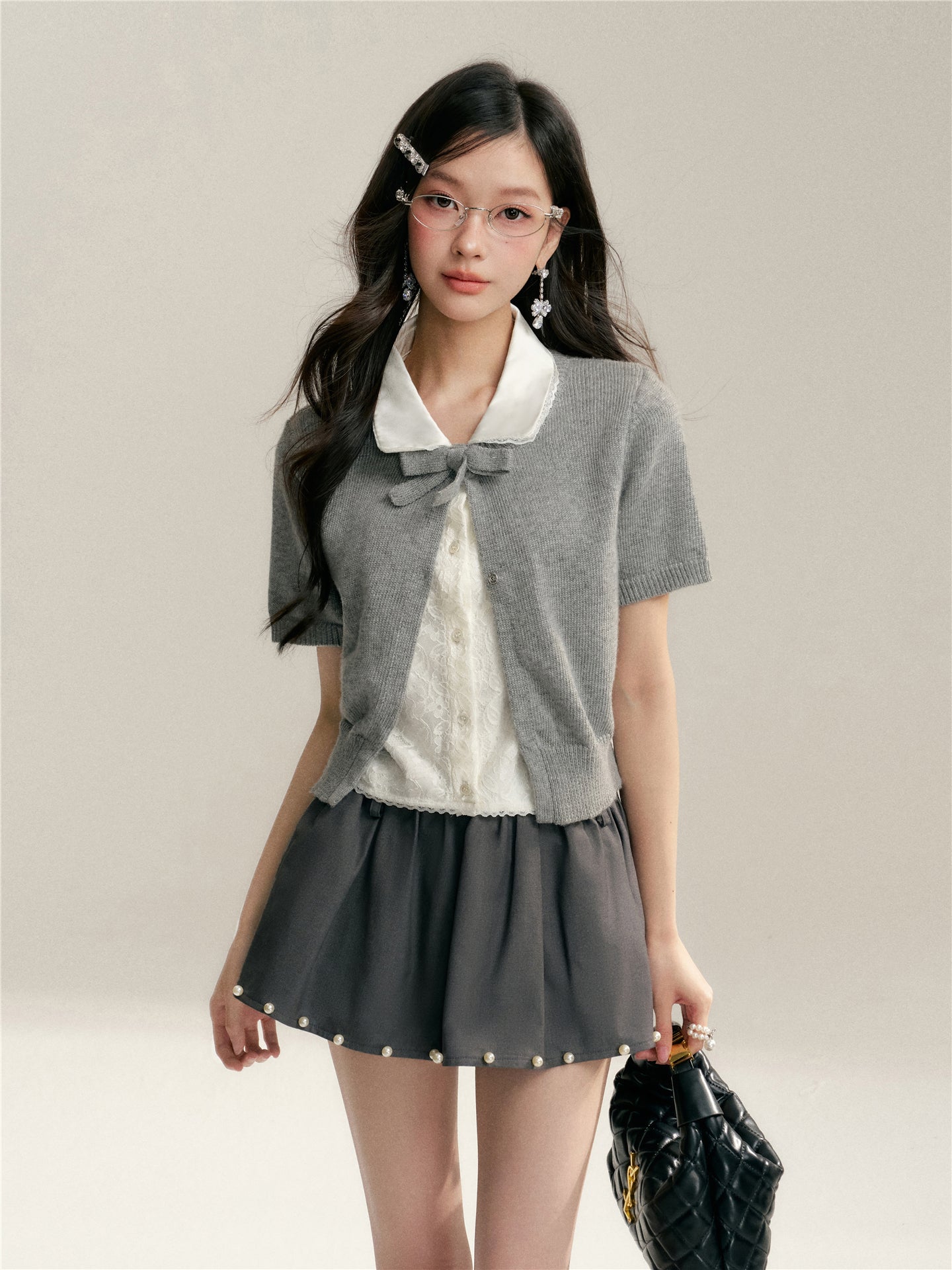 16DEWS 16D26065 Color blocking doll collar fake two-piece knitted short sleeved shirt