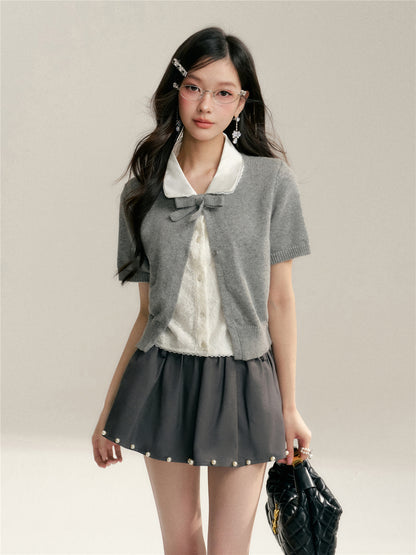 16DEWS 16D26065 Color blocking doll collar fake two-piece knitted short sleeved shirt