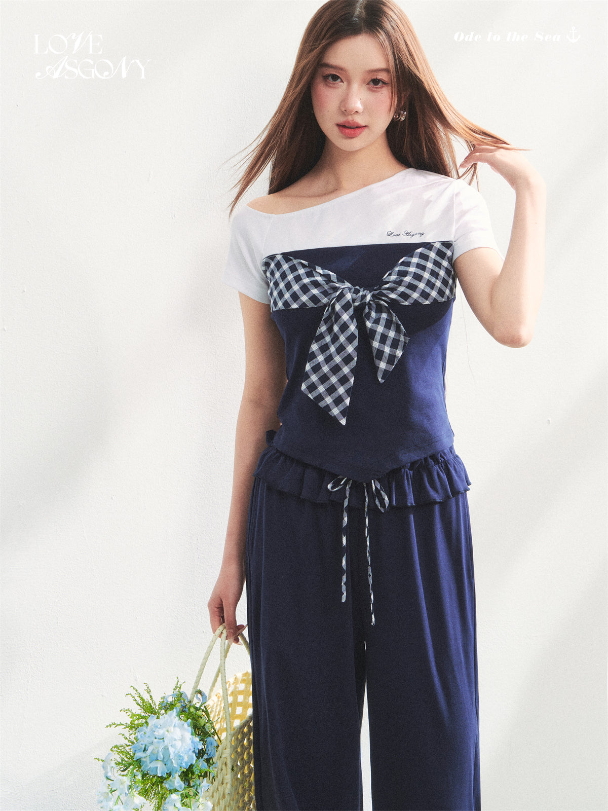 AsGony ASG25207&amp;ASG25208 Grid tied slim fit top+sports pants (2color)