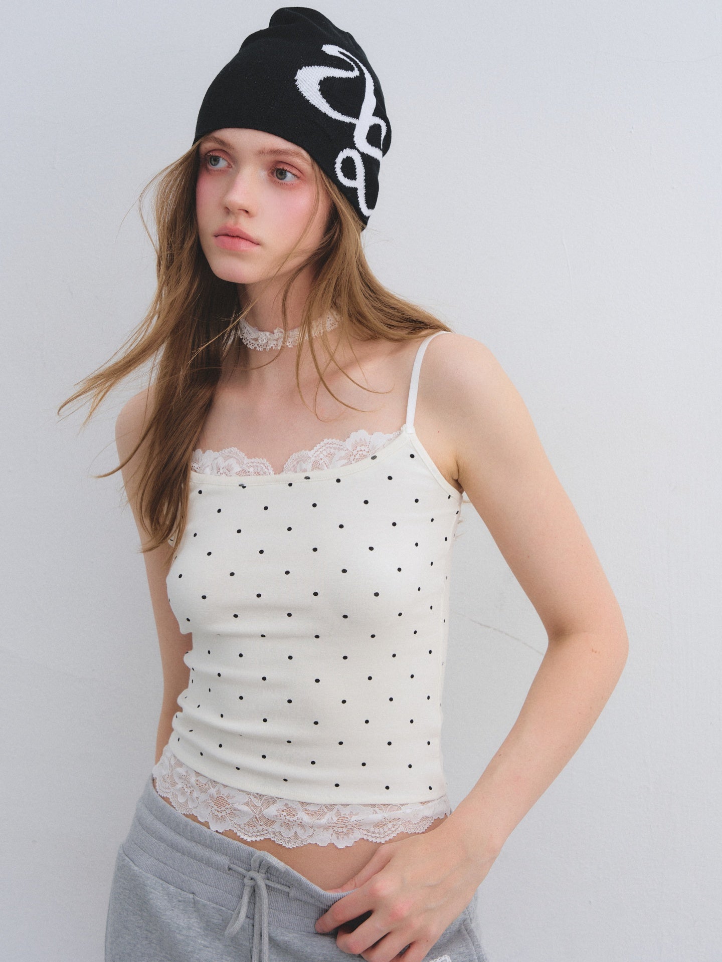 AsGony ASG25670 Lace patchwork polka dot camisole