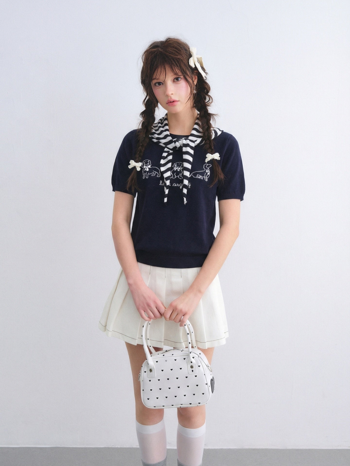 AsGony ASG26008 Wool puppy jacquard round neck striped shawl two-piece set