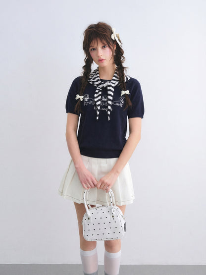 AsGony ASG26008 Wool puppy jacquard round neck striped shawl two-piece set