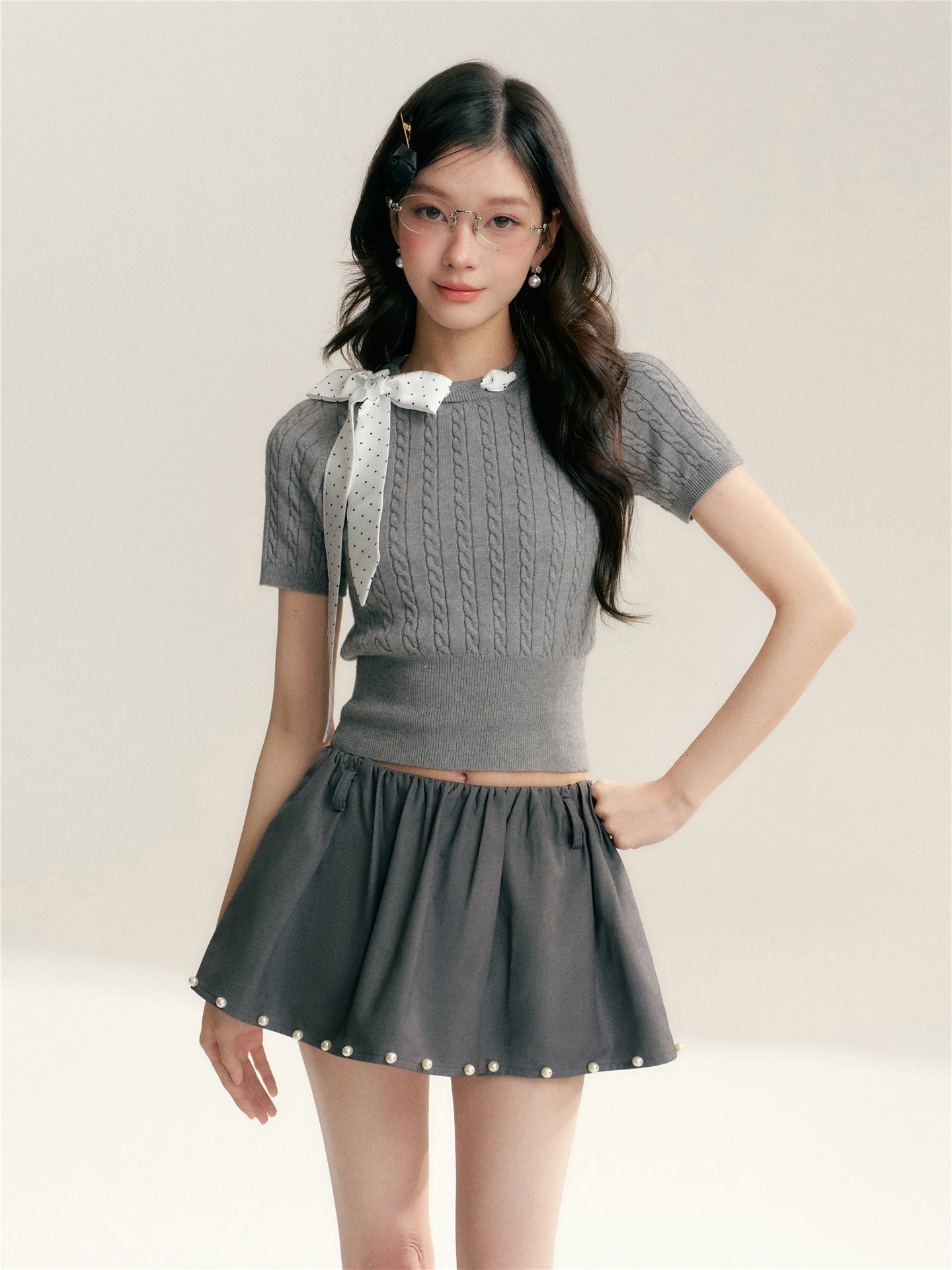 16DEWS 16D26016&amp;16D26017 Polk stitch short twisted flower knitted cardigan + top set + top set