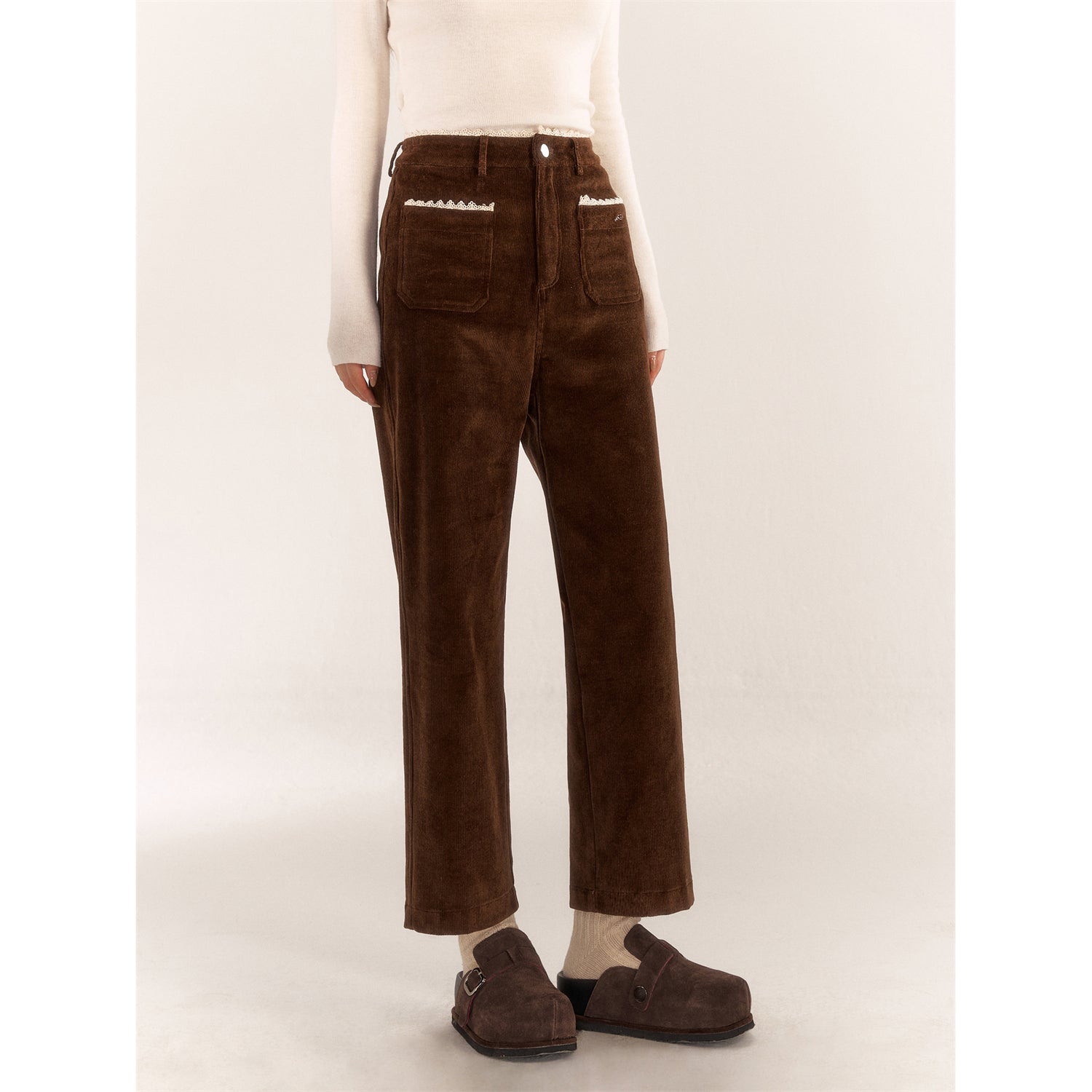 AsGony ASG24558 lace stitching brown pants