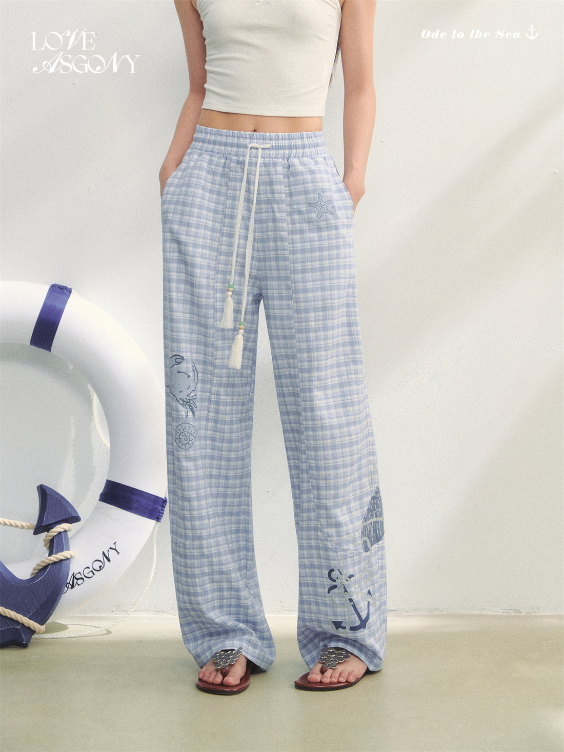 AsGony ASG25232 Ocean style printed lace up pants