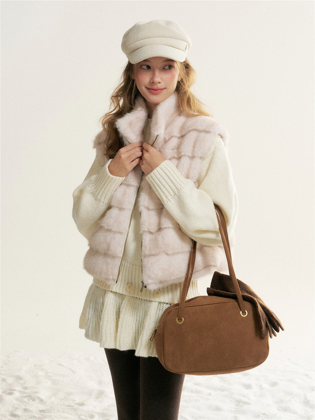 16DEWS 16D25531 Stand collar design imitates mink fur vest