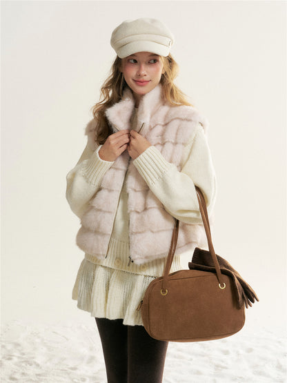 16DEWS 16D25531 Stand collar design imitates mink fur vest