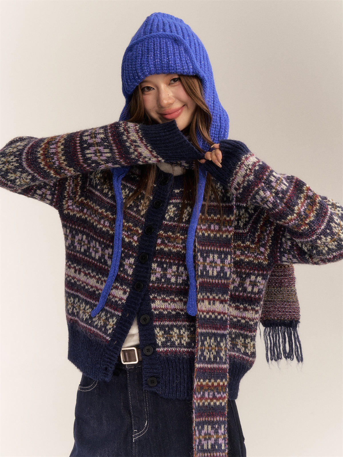 AsGony ASG24617 Fair Isle wool-blend cardigan and scarf set