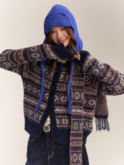 AsGony ASG24617 Fair Isle wool-blend cardigan and scarf set