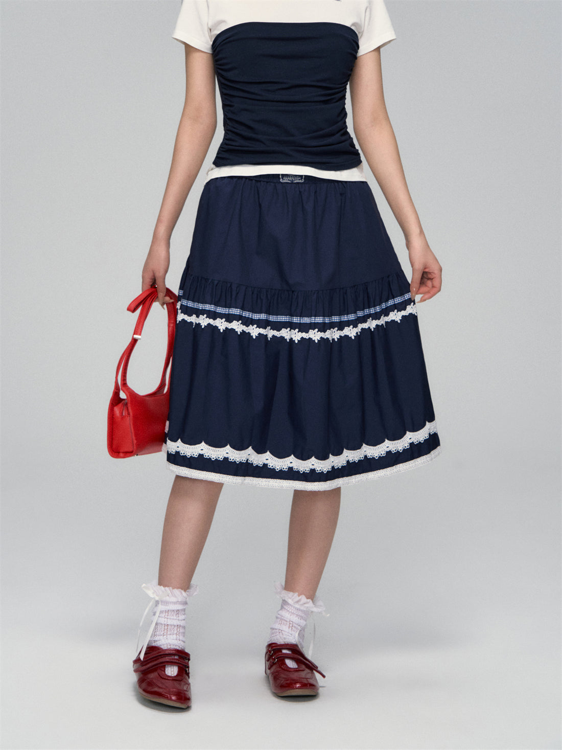AsGony ASG25109 Elastic lace A-line skirt