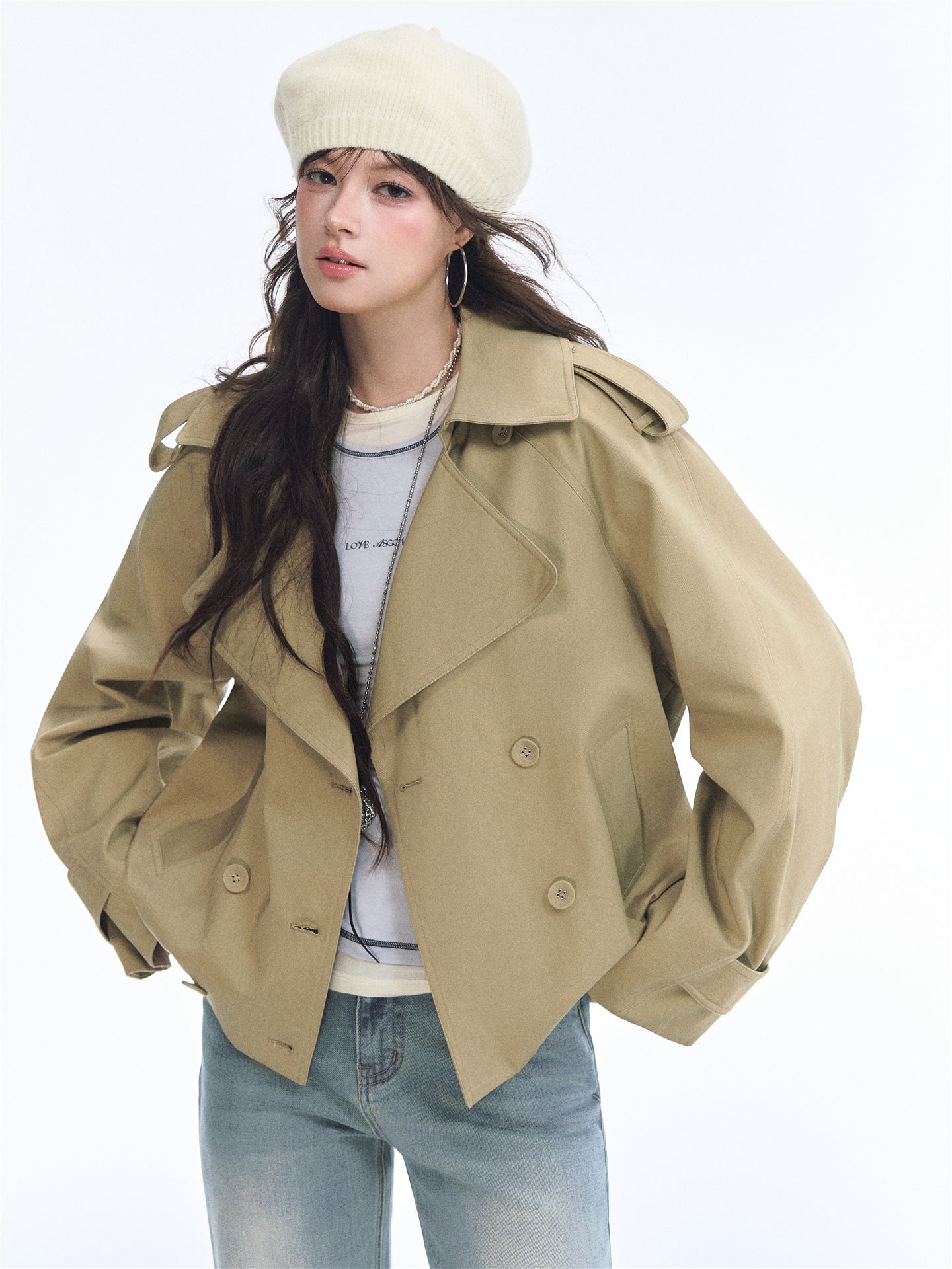Asgony ASG26553 Tulip Stand Collar Double-Breasted Trench Coat
