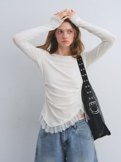 AsGony ASG25680 Irregular lace patchwork waistband bottom top