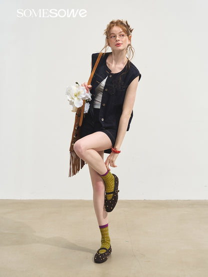 SOMESOWE S2508105&amp;S2508106 Stacked loose denim vest + shorts set