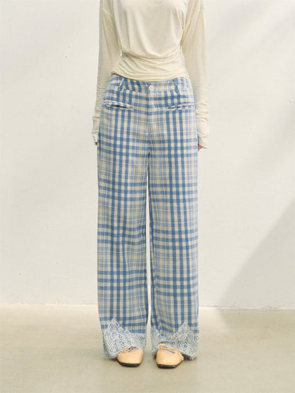 AsGony ASG25283 Plaid patchwork lace casual pants (2color)