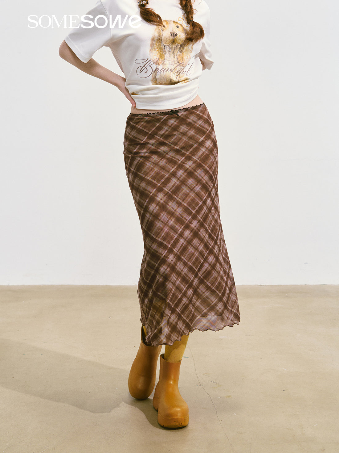 SOMESOWE S2508092 Plaid mesh elastic skirt