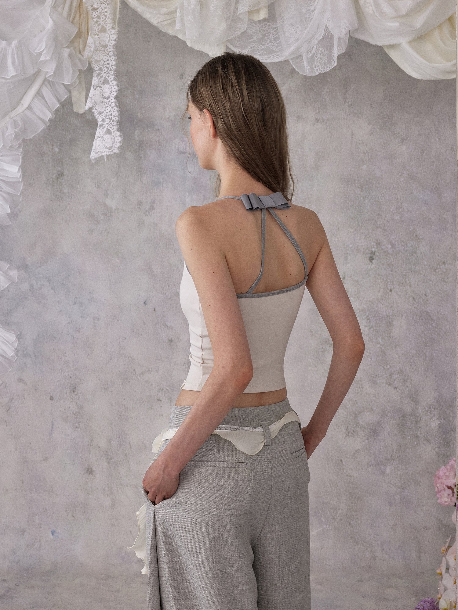 NOMEANSNO N160 Color blocking bow camisole (2color)