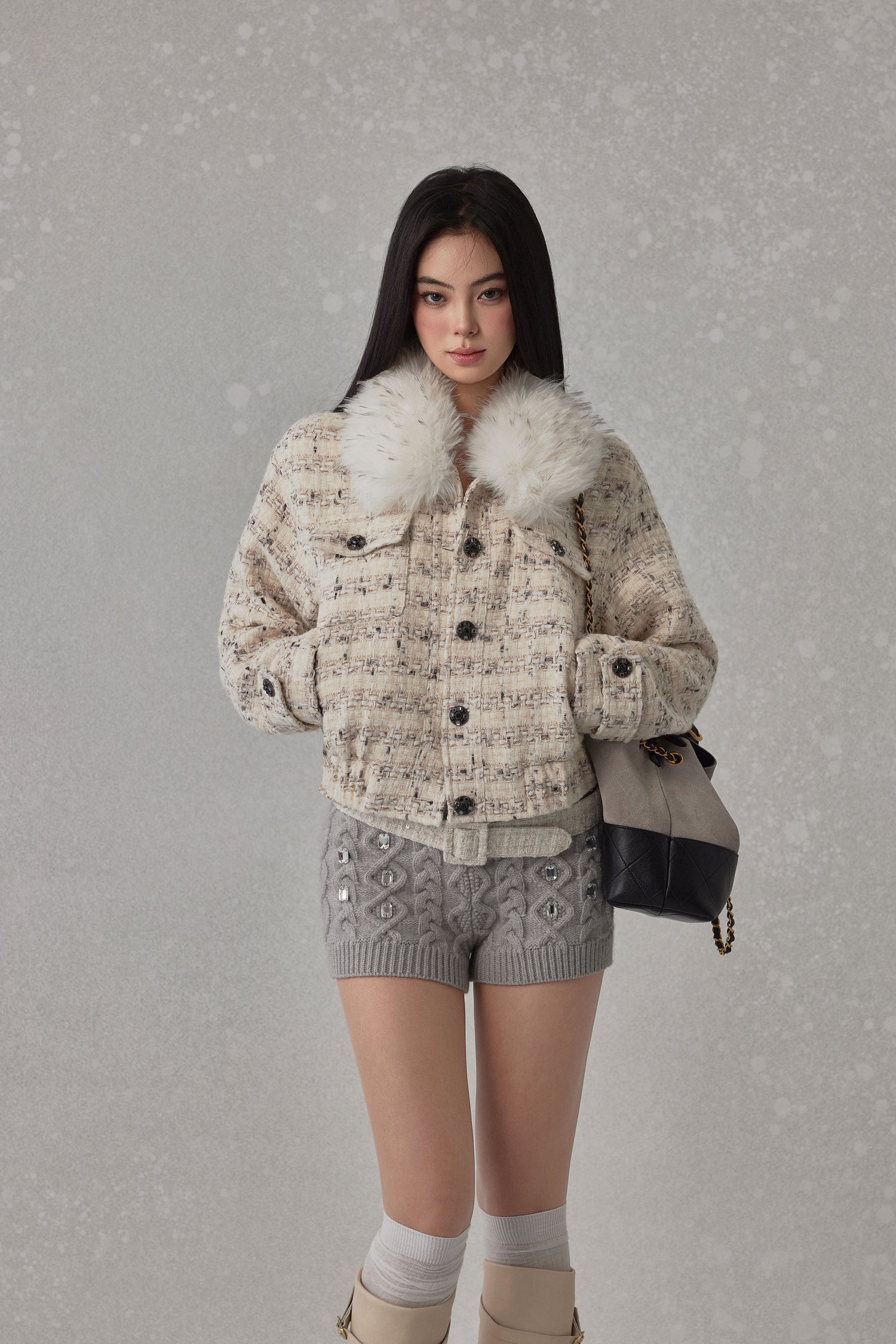 NONCESTNON N239 Chiffon Fur Trimmed Coat