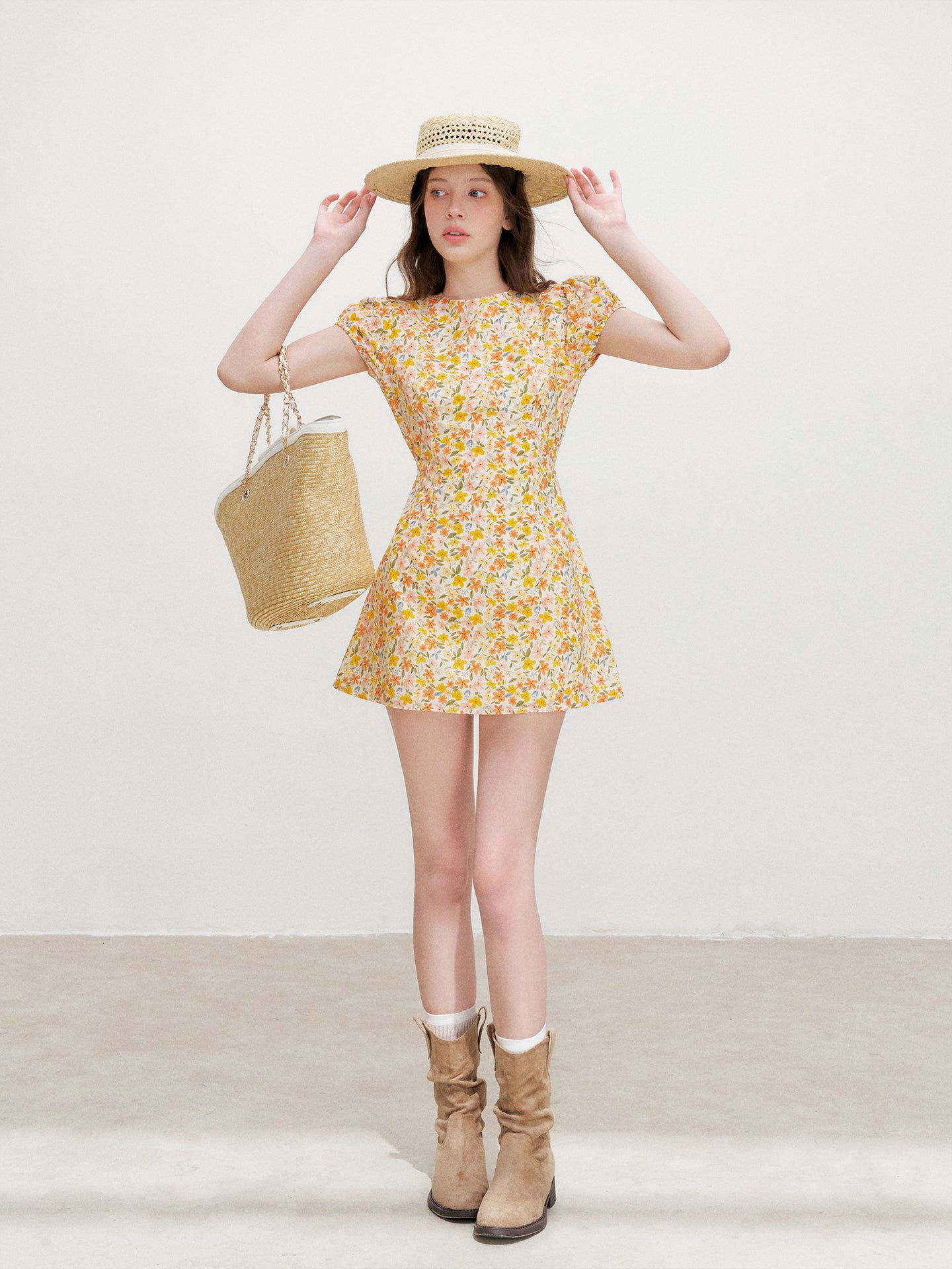 16DEWS 16D26338 Print Round-Neck Puff-Sleeve Dress