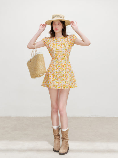16DEWS 16D26338 Print Round-Neck Puff-Sleeve Dress