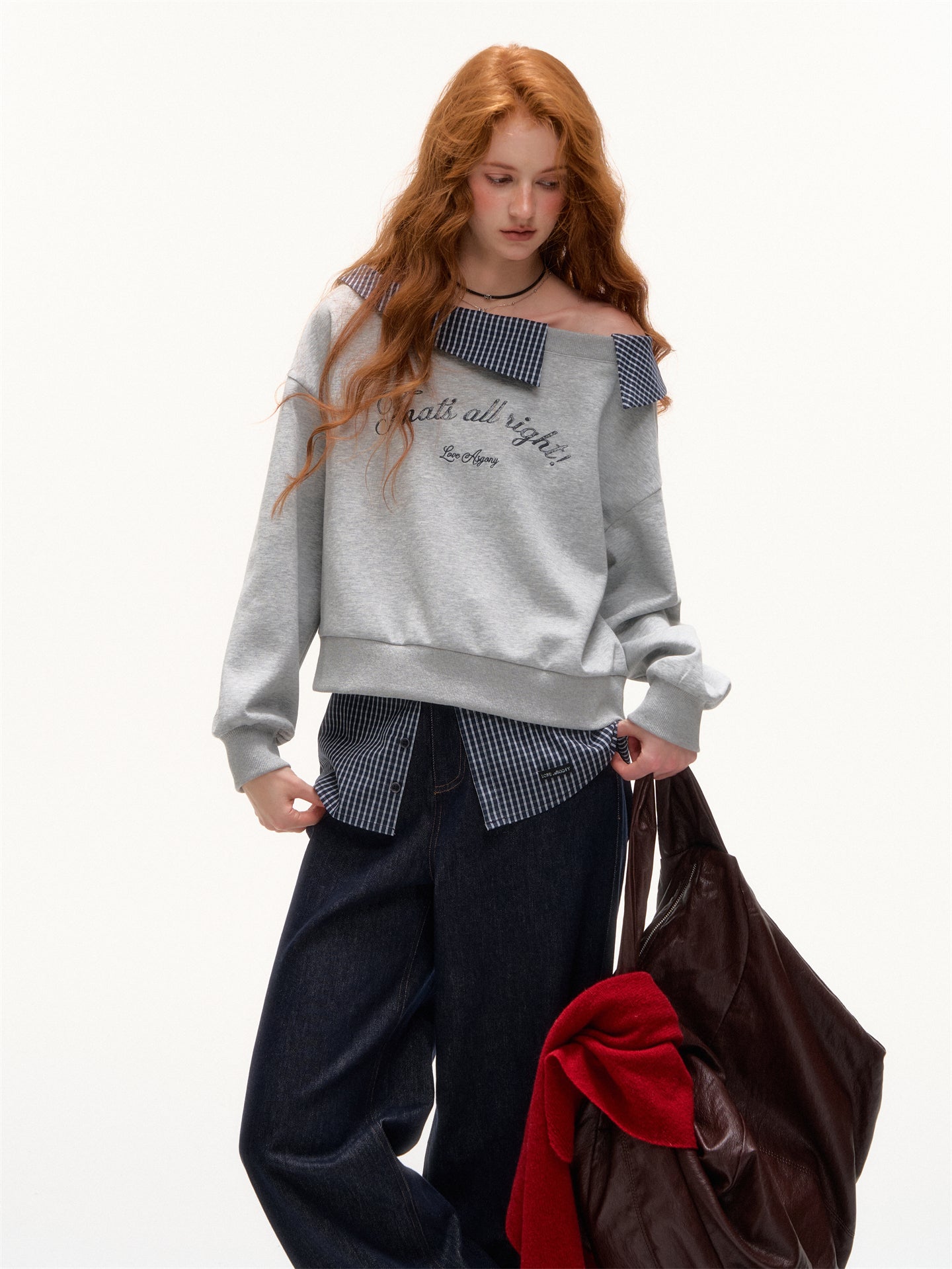 AsGony ASG25422 Off shoulder slanted shoulder patchwork printed embroidered hoodie