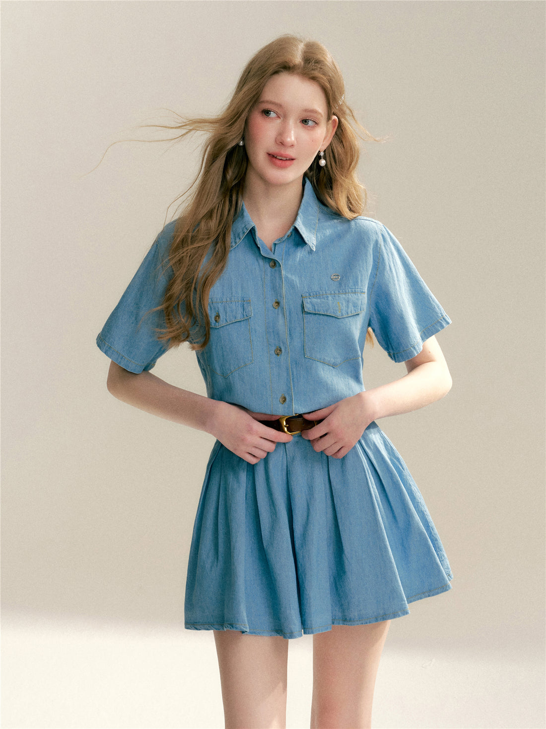 16DEWS 16D24084 Soft denim short sleeved shirt + skirt set