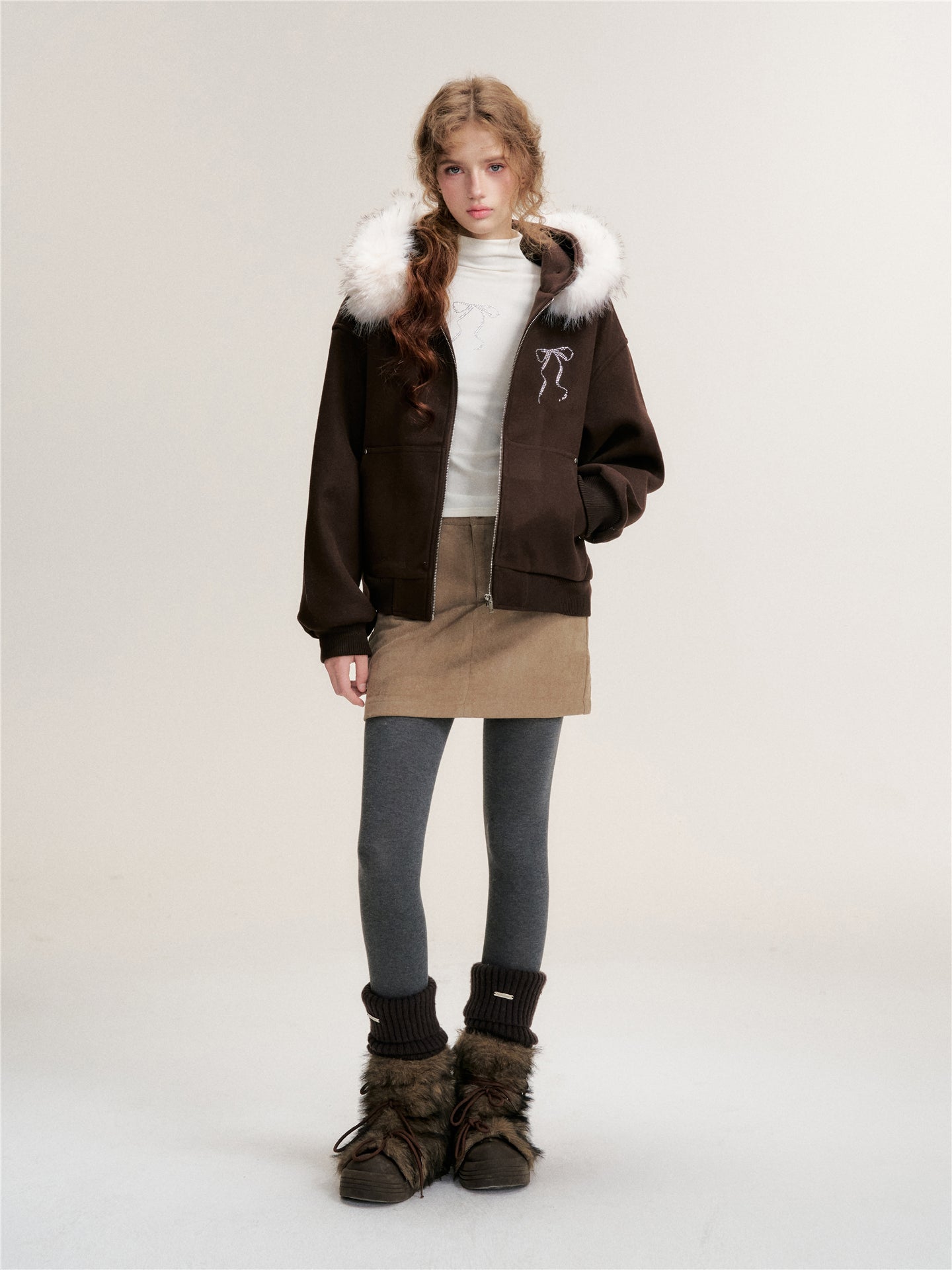 16DEWS 16D25487 Detachable faux fur collar woolen sweatshirt jacket