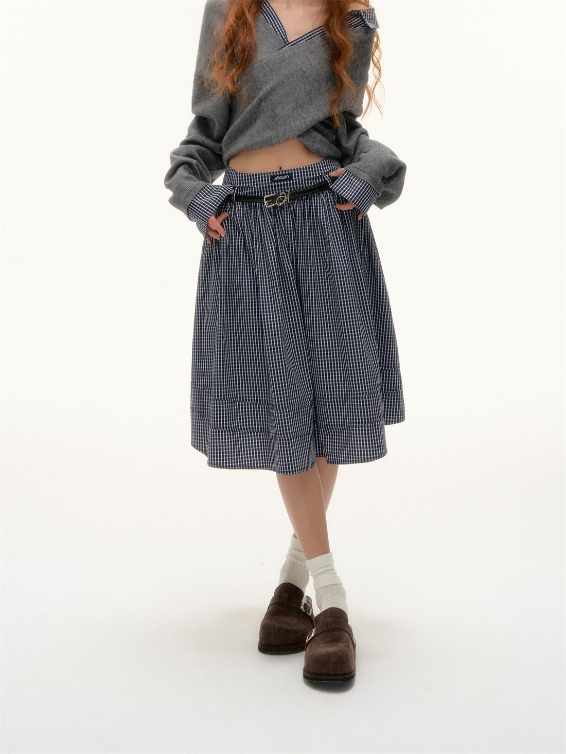 AsGony ASG25413 Plaid pleated midi skirt