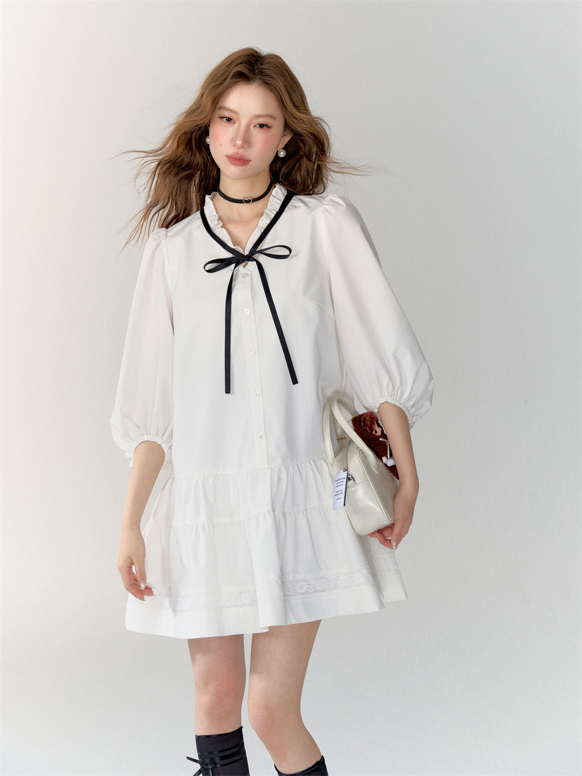 AsGony ASG24717 Bow tie shirt pleated dress