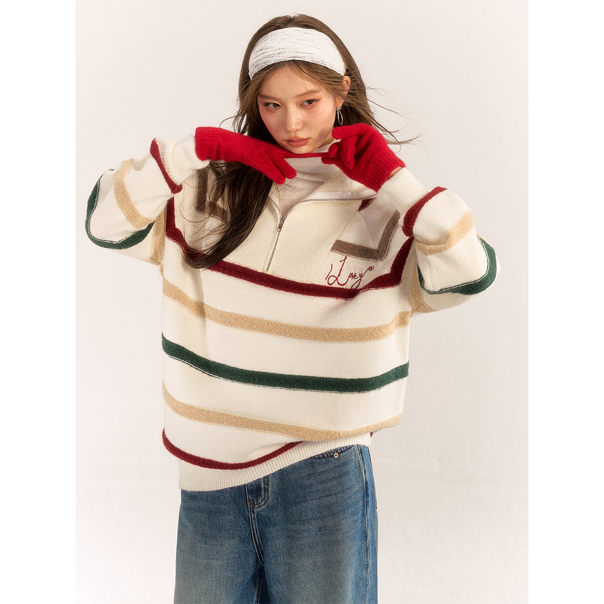 AsGony ASG24569 Color Stripe Sweater