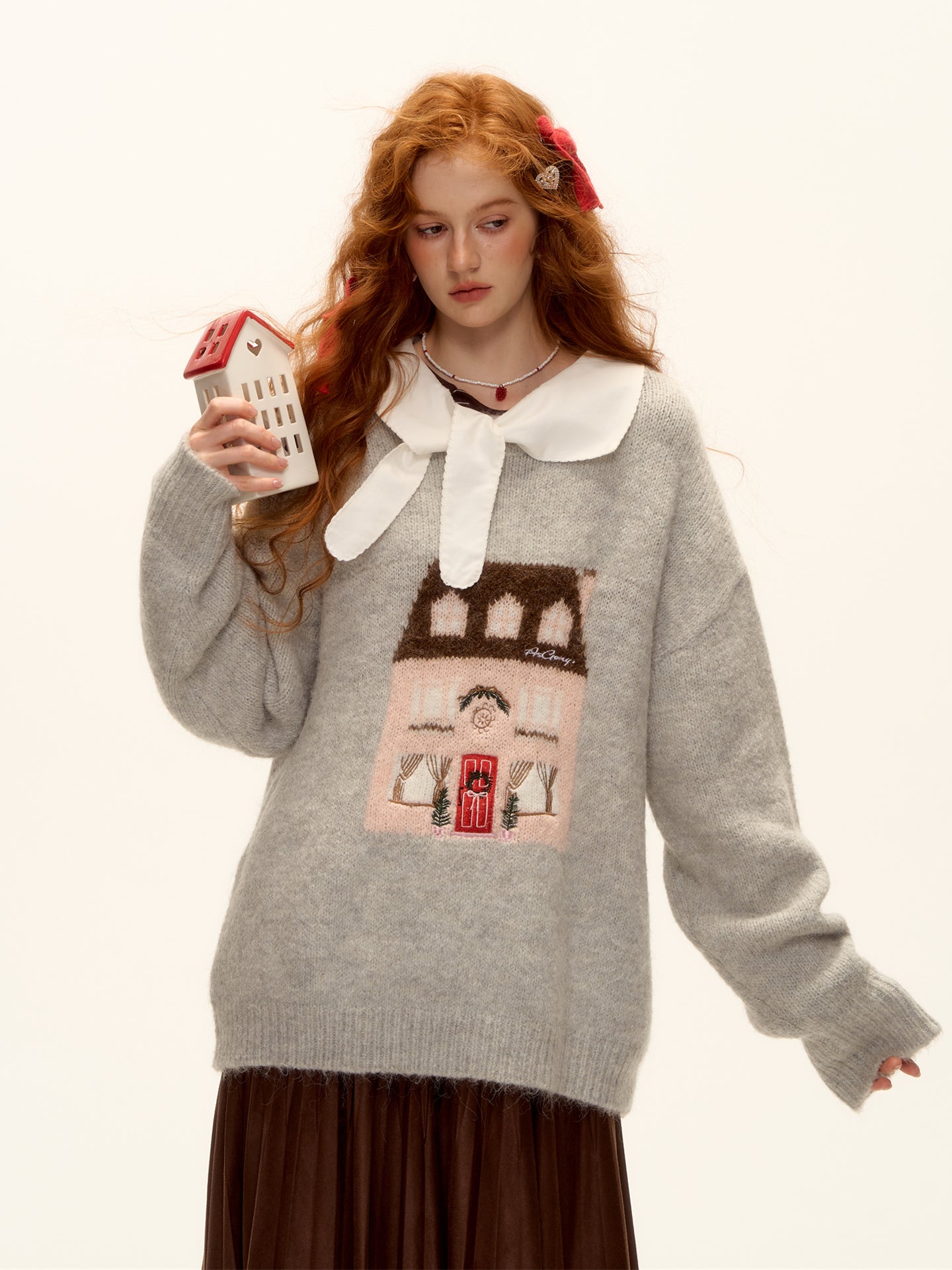 AsGony ASG25472 Jacquard embroidered round neck pullover sweater