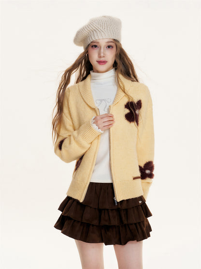 16DEWS 16D25433 Flower jacquard zipper cardigan