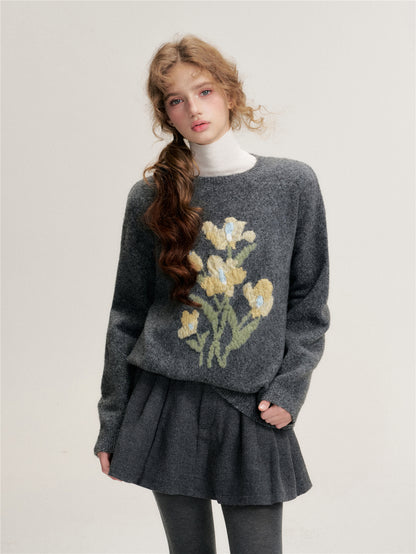 16DEWS 16D25452 3D jacquard contrasting floral pullover sweater