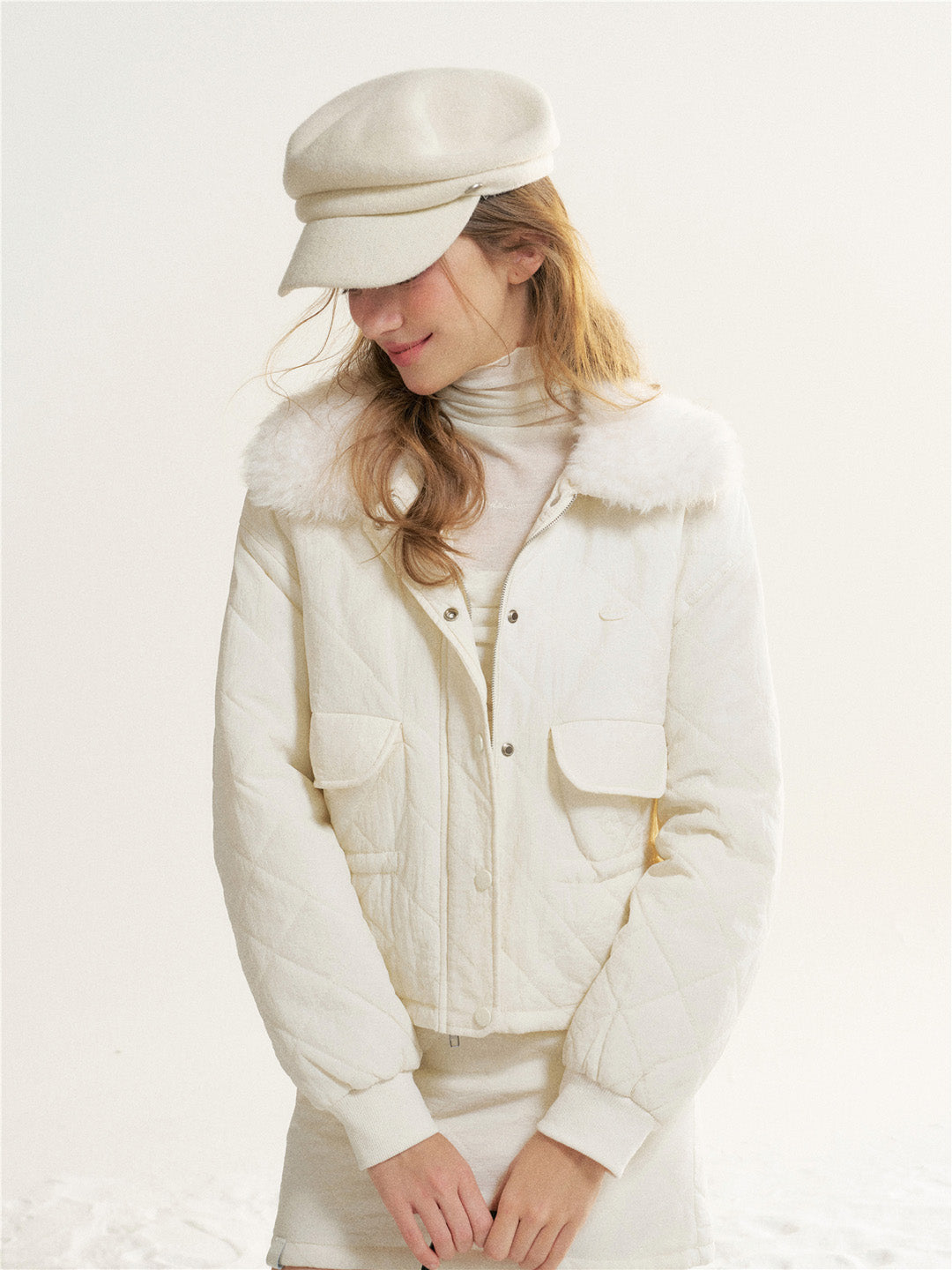 16DEWS 16D25535 Plaid waist cinching fur collar cotton jacket + skirt set