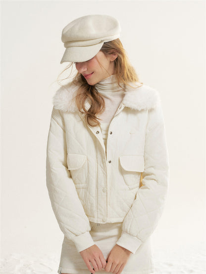 16DEWS 16D25535 Plaid waist cinching fur collar cotton jacket + skirt set